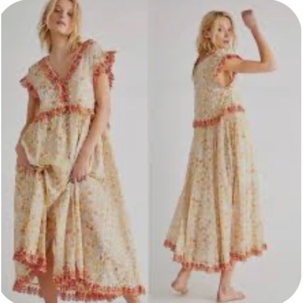 Free People Cream Maxi Dress with Coral Trim - Picture 1 of 8